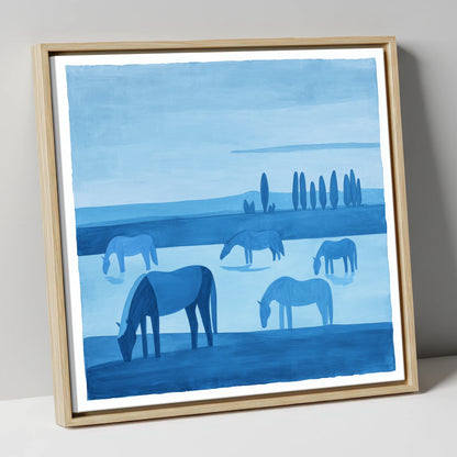 Azure Meadow Grazing horse landscape canvas wall art in natural frame