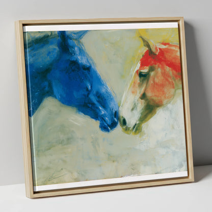 Cerulean and Crimson Bond horse portrait canvas wall art in natural frame