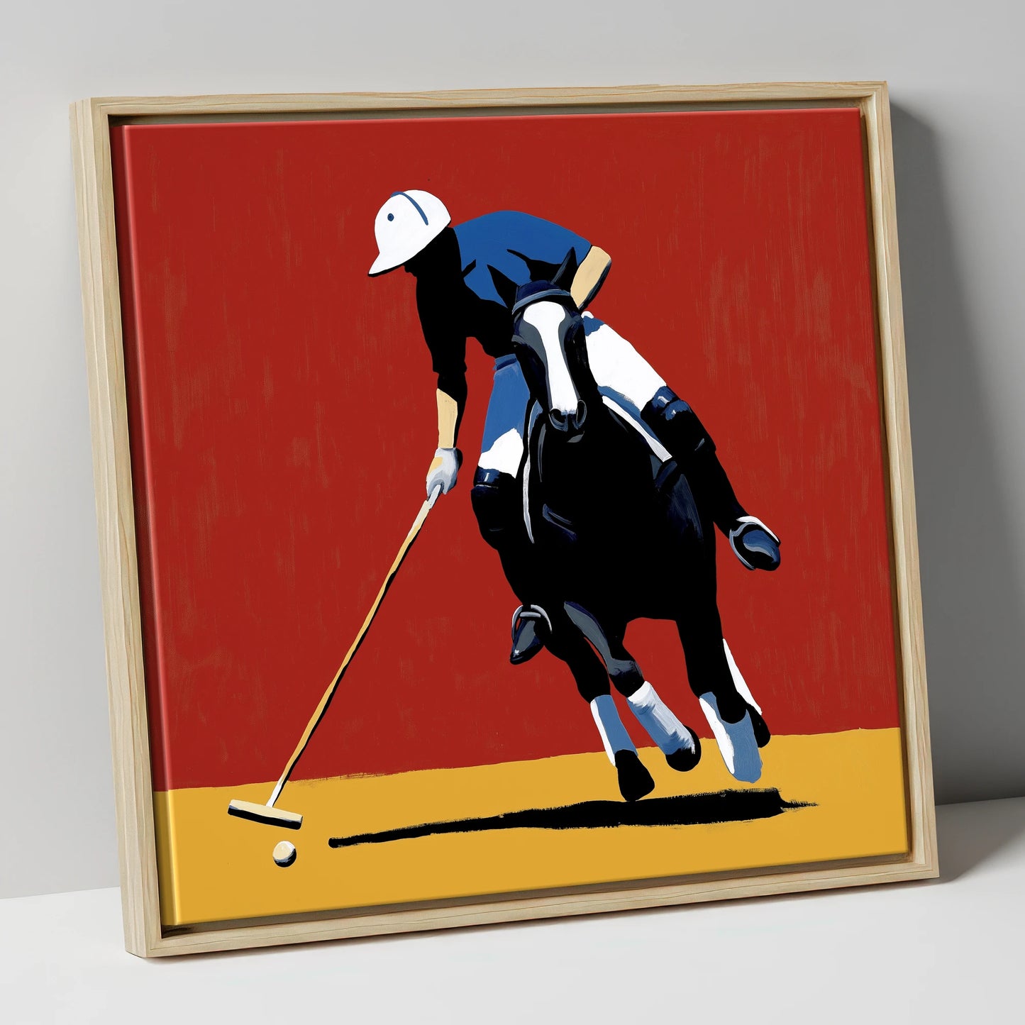 The Scarlet Pursuit polo horse canvas wall art in natural frame