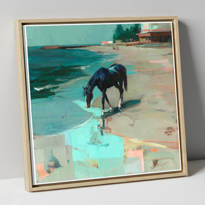 Coastal Solitude horse landscape canvas wall art in natural frame