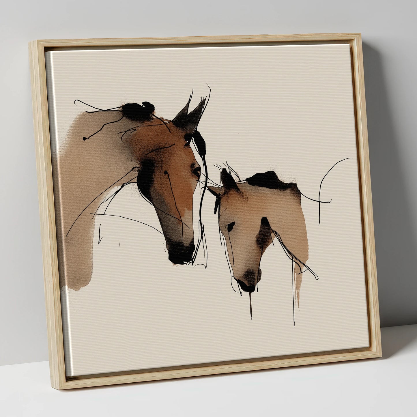 Gentle Kinship mare & foal canvas wall art in natural frame