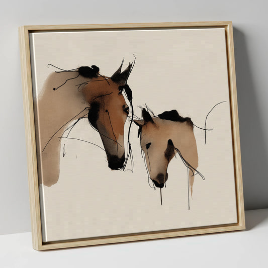 Gentle Kinship mare & foal canvas wall art in natural frame