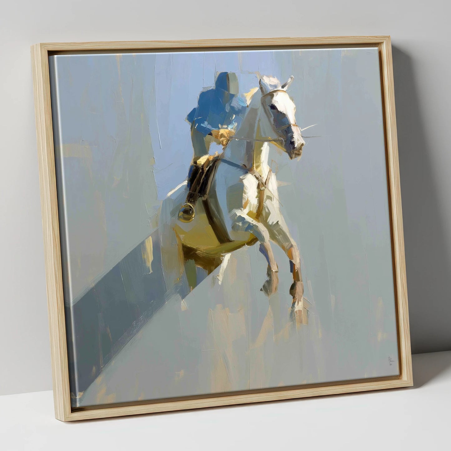 Suspended in Blue show jumping horse canvas wall art in natural frame