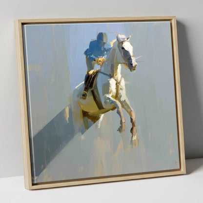 Suspended in Blue show jumping horse canvas wall art in natural frame