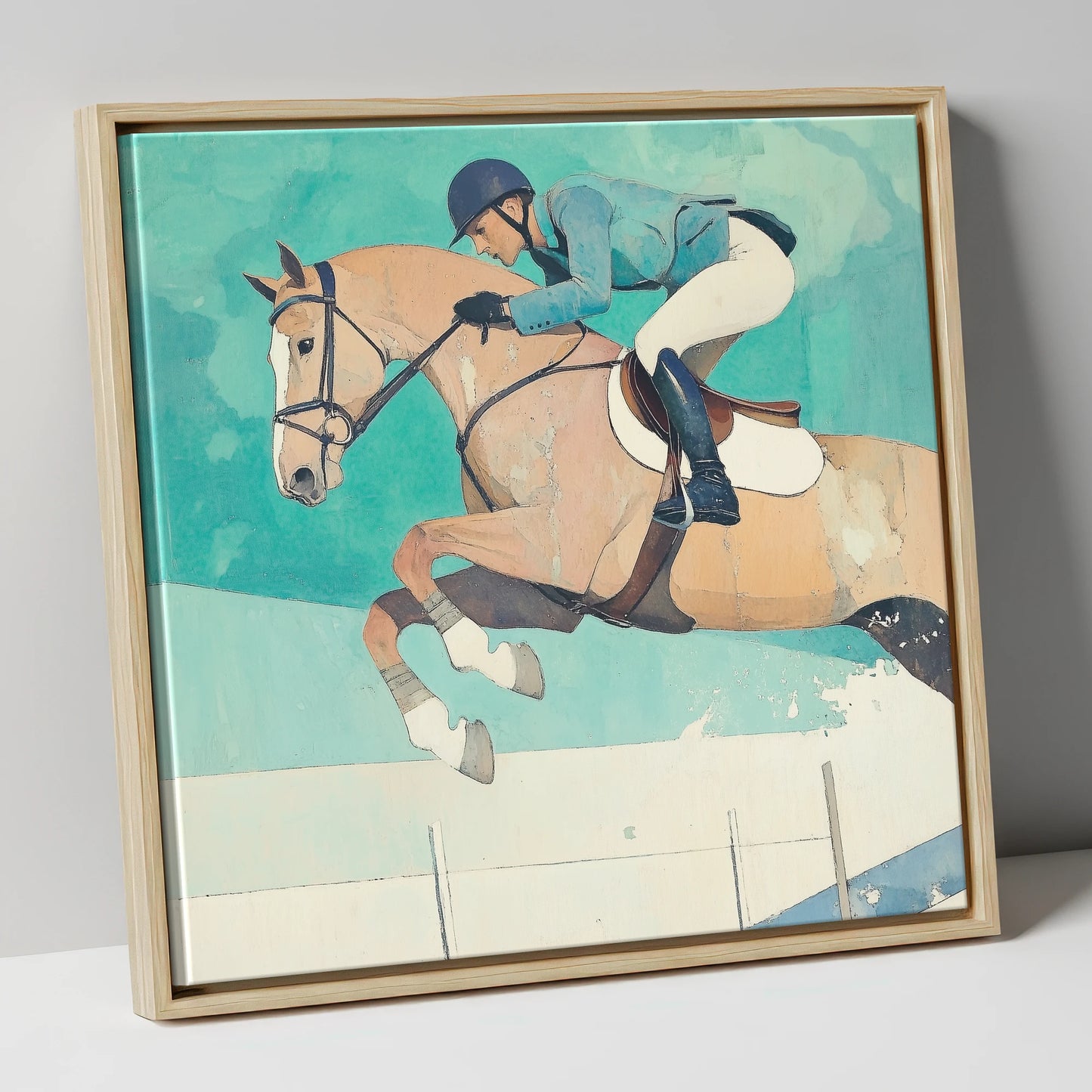 Aquamarine Flight show jumping horse canvas wall art in natural frame