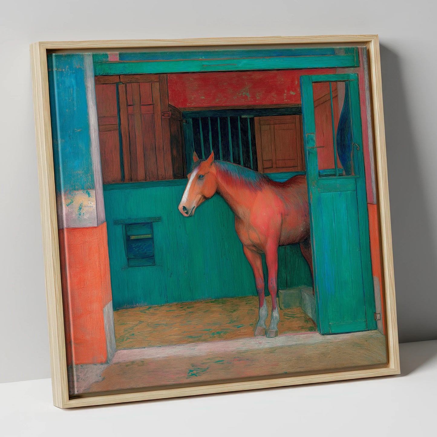 The Emerald Stable Door horse stable canvas wall art in natural frame