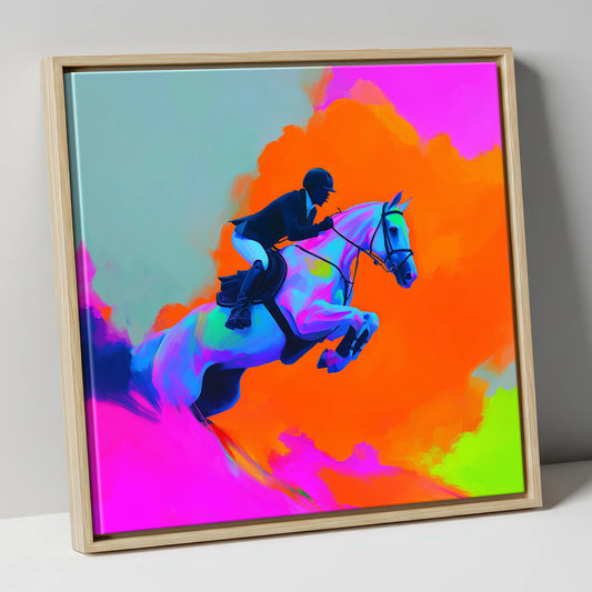 Vivid Showjumping Flight show jumping horse canvas wall art in natural frame
