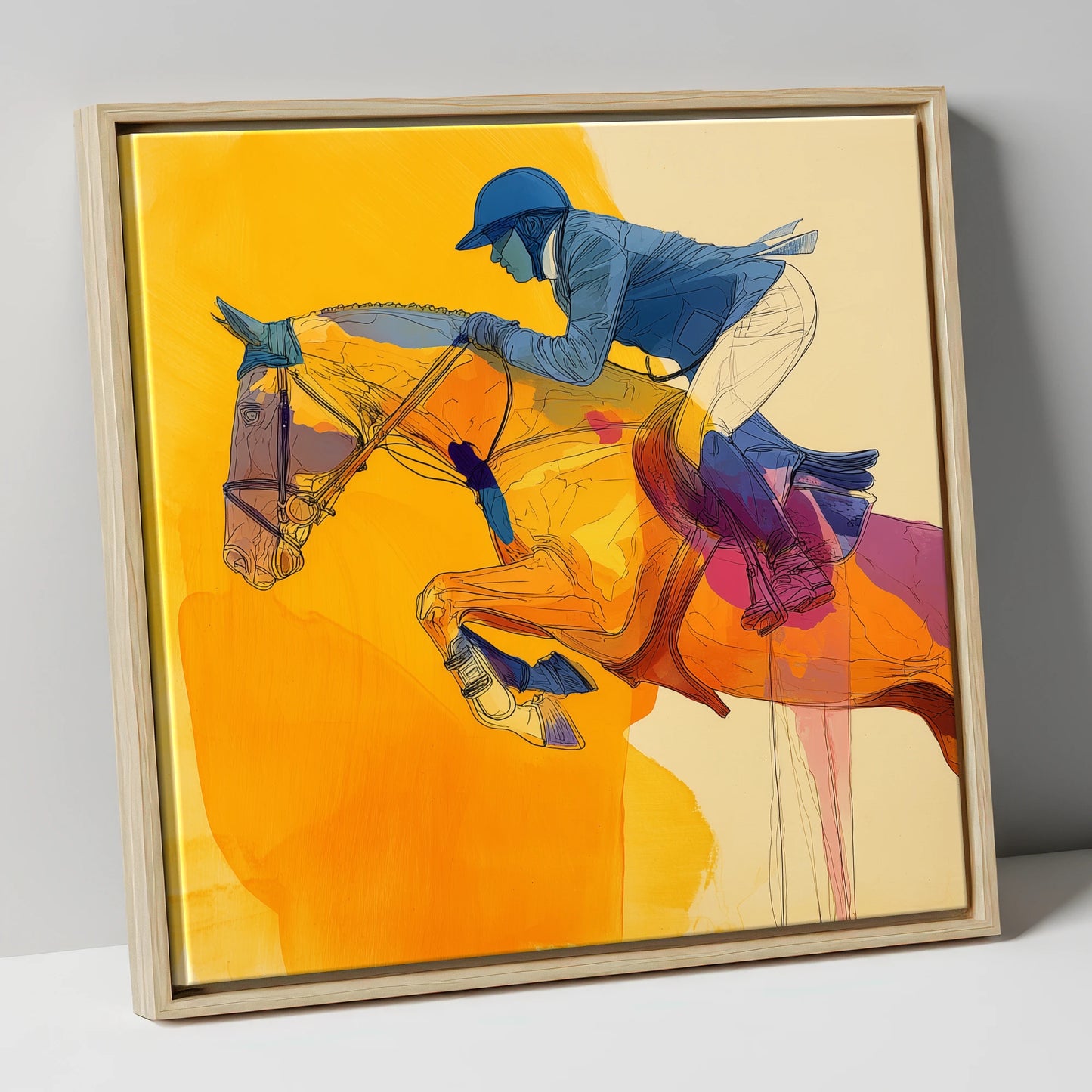 Vivid Golden Ascent show jumping horse canvas wall art in natural frame