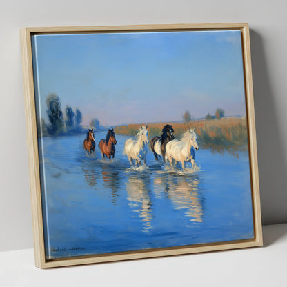 Through the Cerulean Shallows wild horses canvas wall art in natural frame