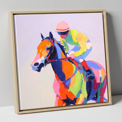 Technicolour Gallop racing horse canvas wall art in natural frame