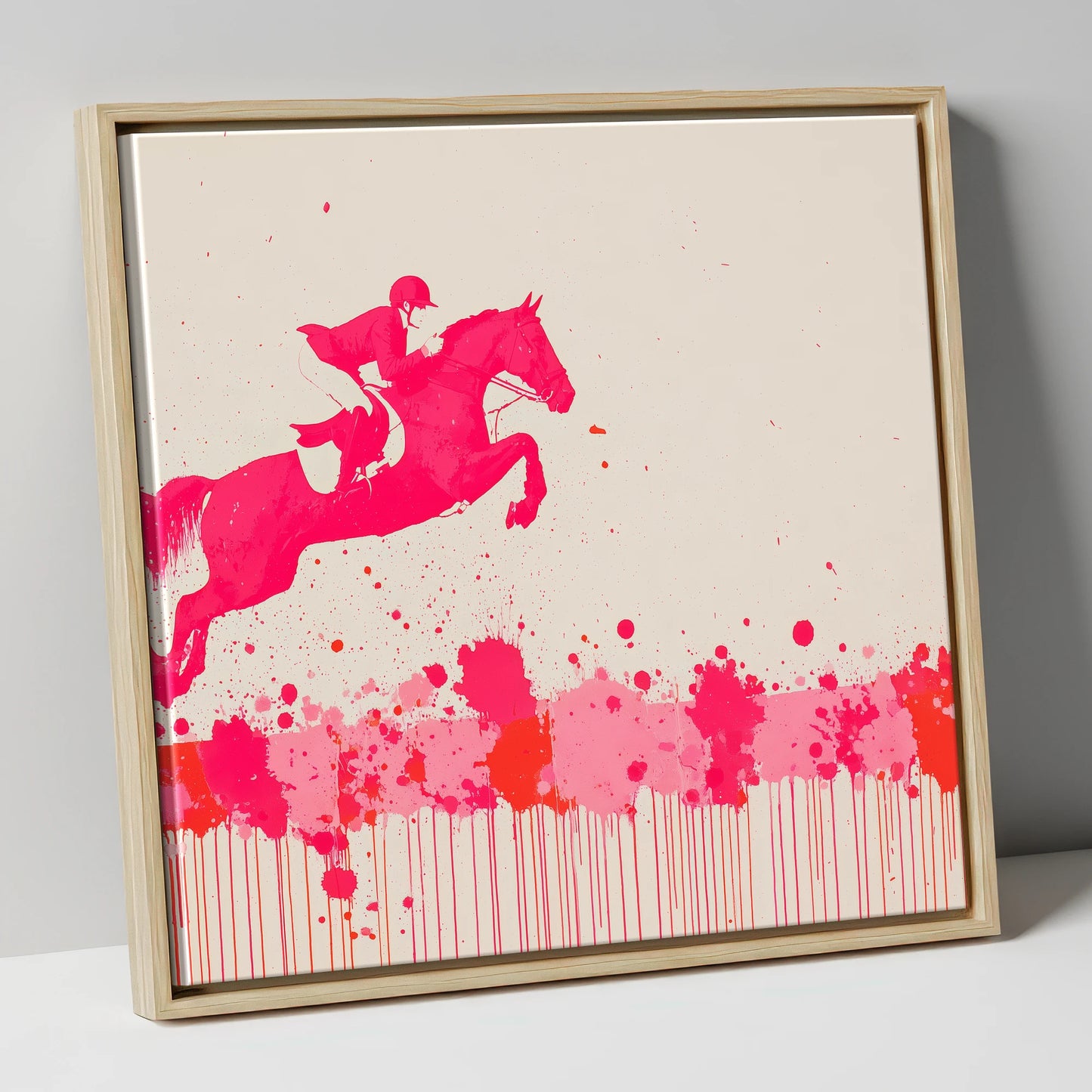 Magenta Flight show jumping horse canvas wall art in natural frame