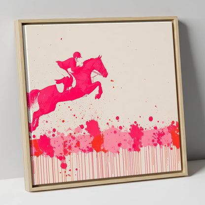 Magenta Flight show jumping horse canvas wall art in natural frame