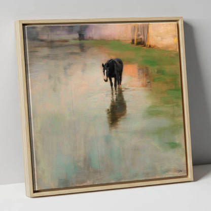 Quiet Reflection horse landscape canvas wall art in natural frame