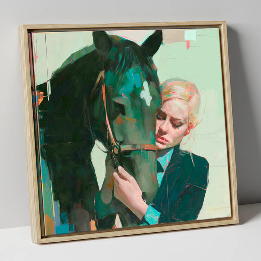 Quiet Connection horse & rider canvas wall art in natural frame
