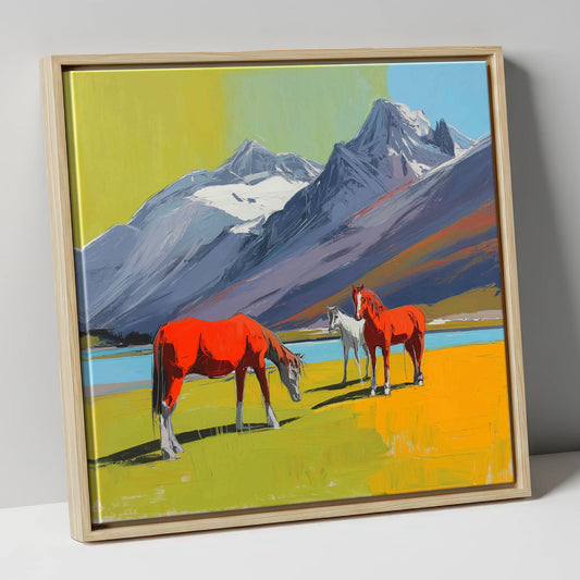 Vibrant Mountain Grazing horse landscape canvas wall art in natural frame