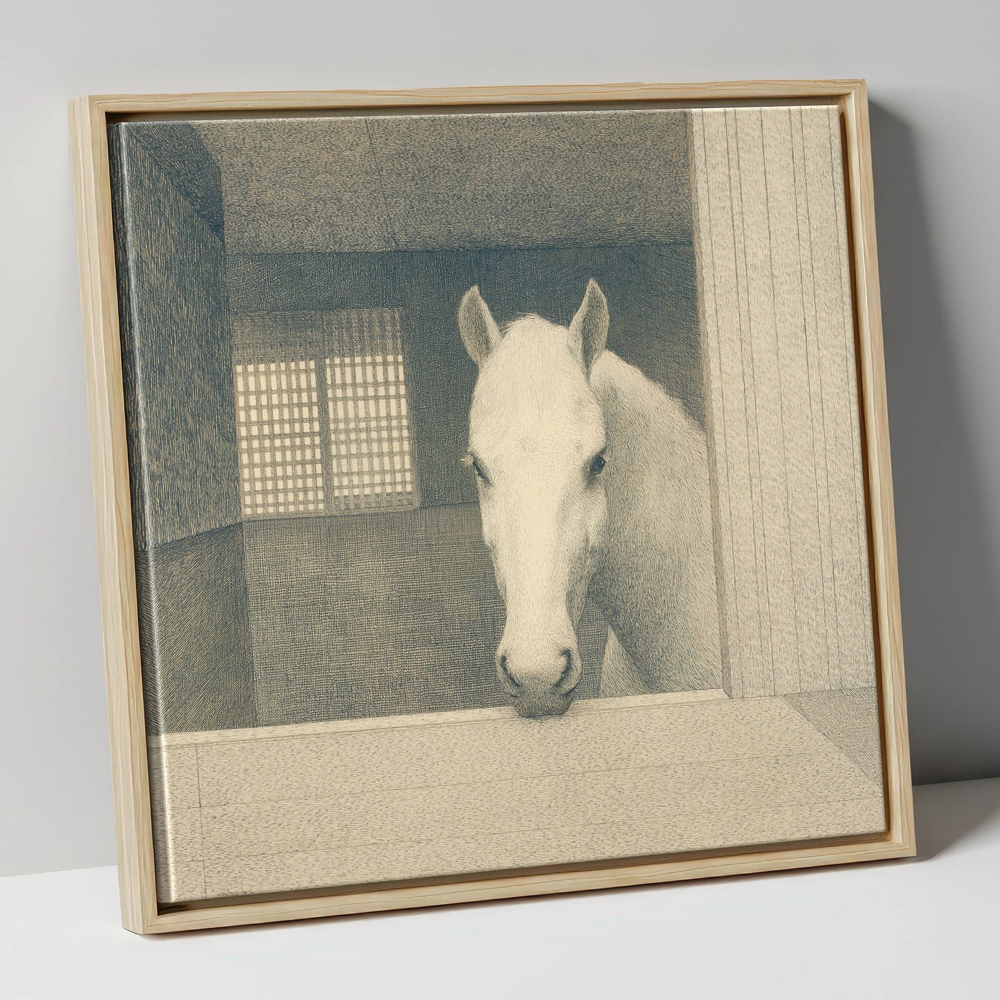 Quiet Contemplation horse stable canvas wall art in natural frame