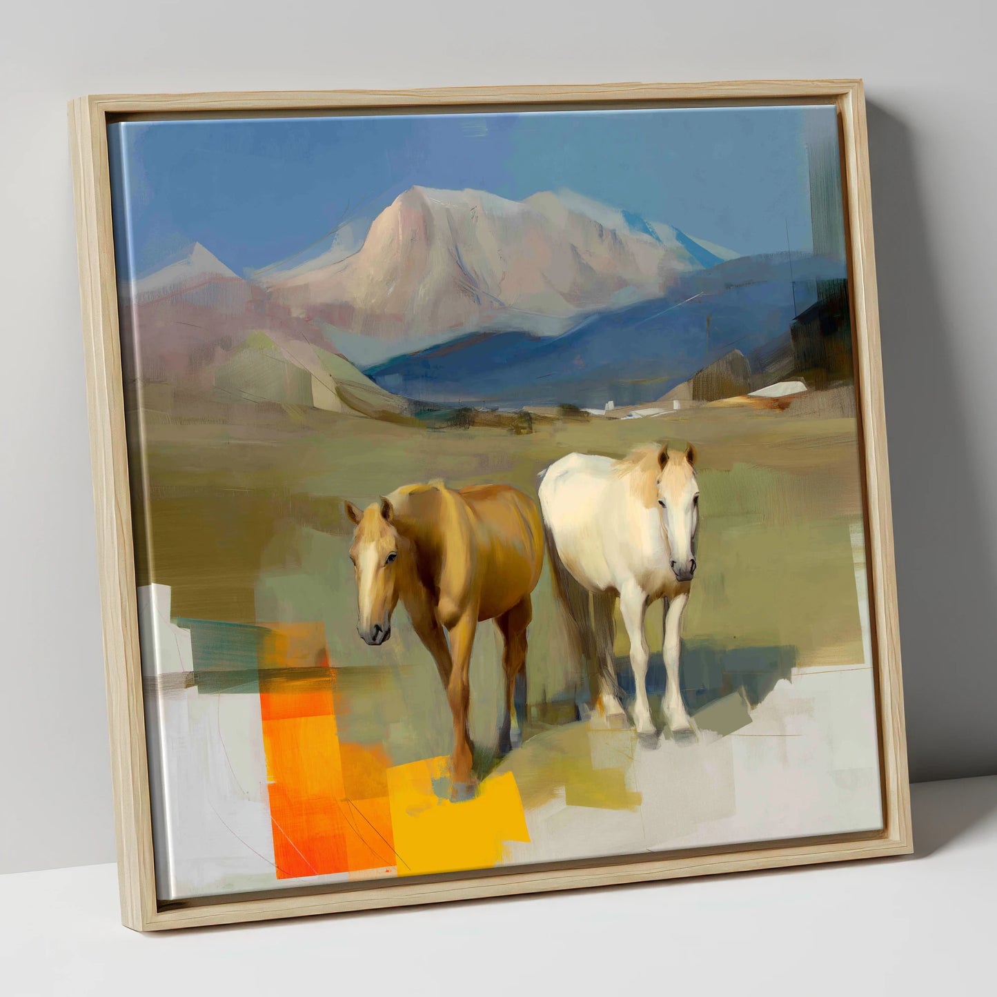 Abstract Alpine Companions horse landscape canvas wall art in natural frame