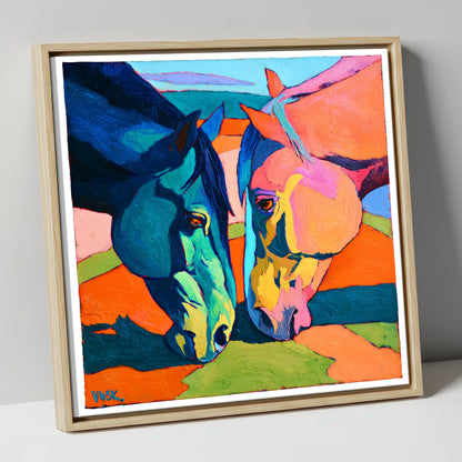 Vibrant Companions horse portrait canvas wall art in natural frame
