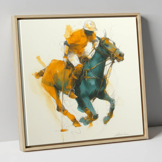 The Decisive Strike polo horse canvas wall art in natural frame