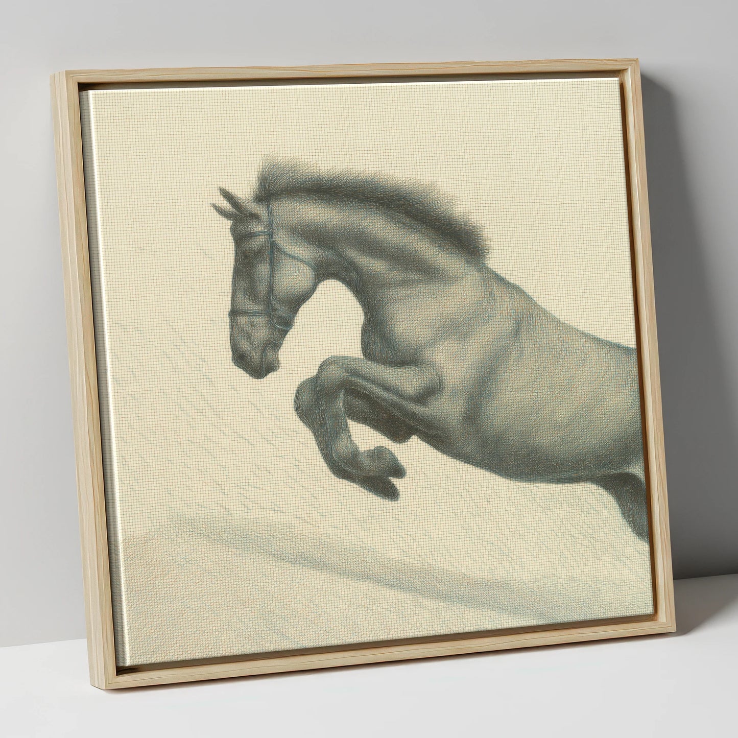 Etched in Flight show jumping horse canvas wall art in natural frame