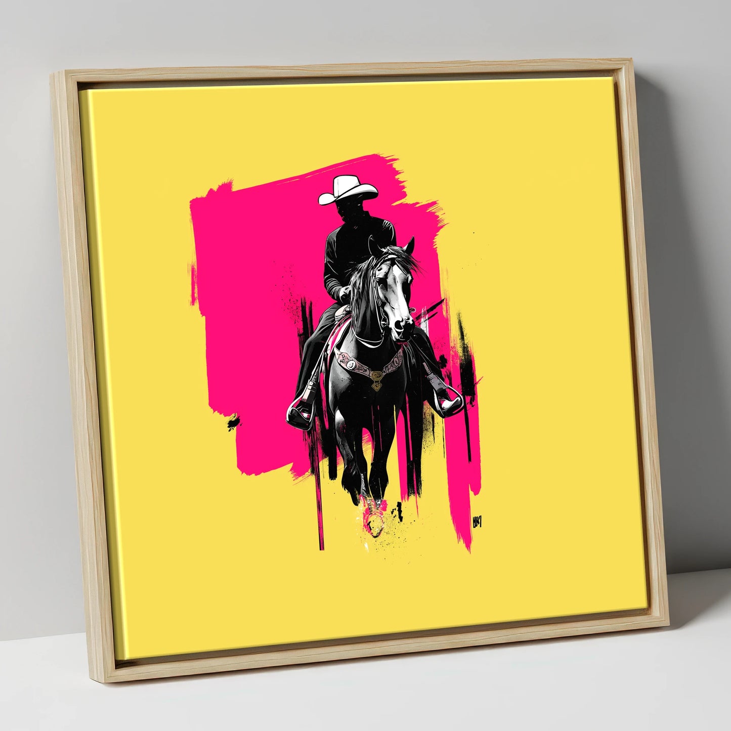 Magenta High Noon western horse canvas wall art in natural frame
