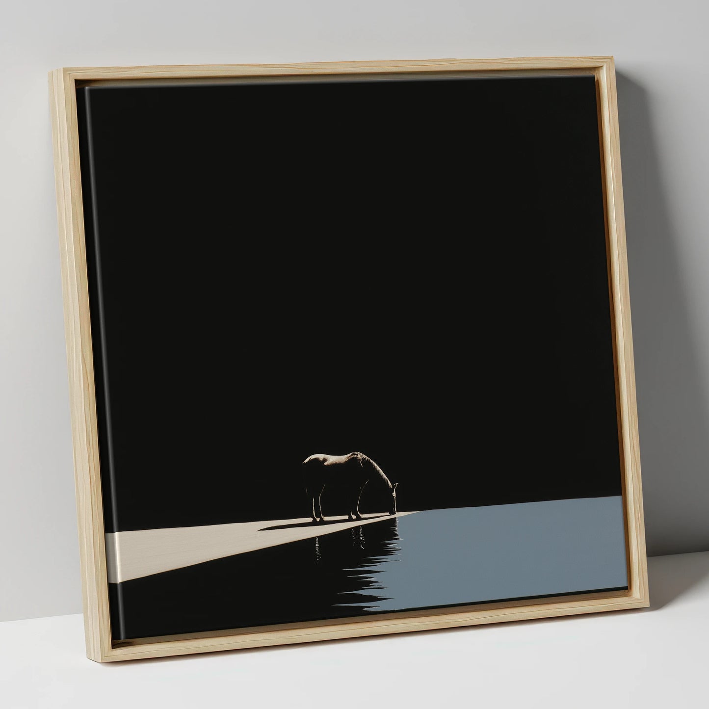 Edge of Stillness horse landscape canvas wall art in natural frame