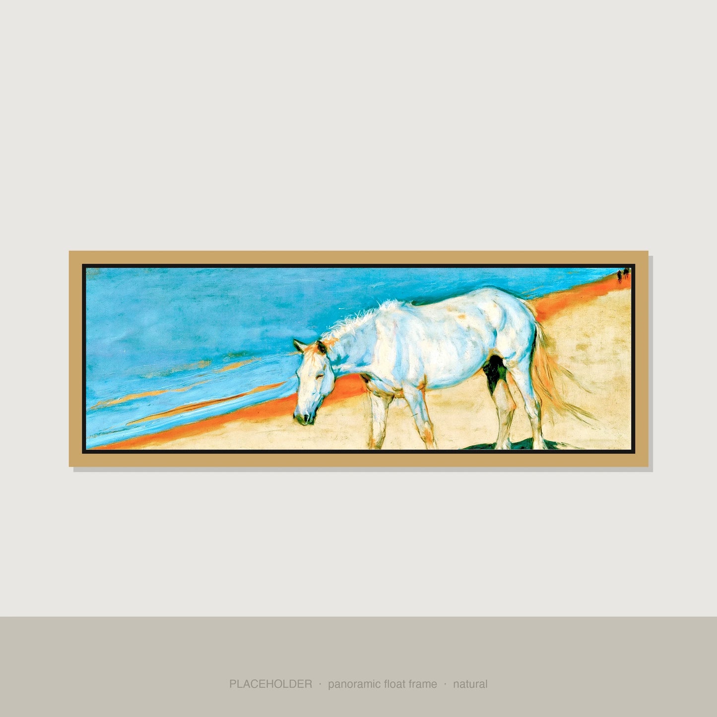 Cerulean Coastline Horse Landscape panoramic canvas wall art in natural float frame