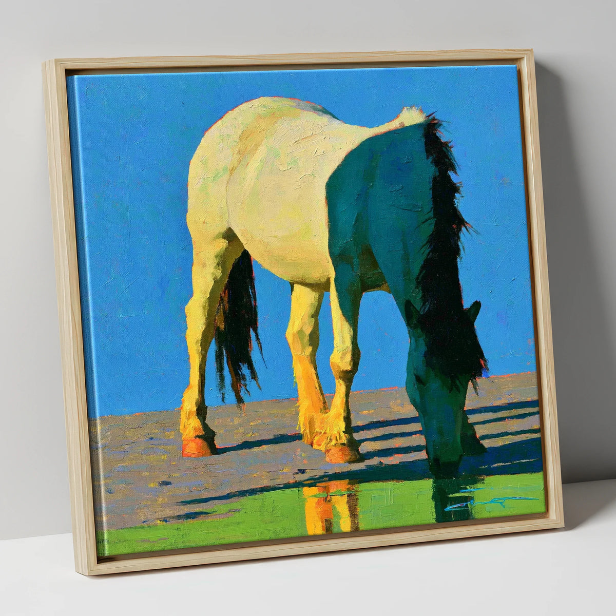 Horse Drinking in Vibrant Light horse breed canvas wall art in natural frame