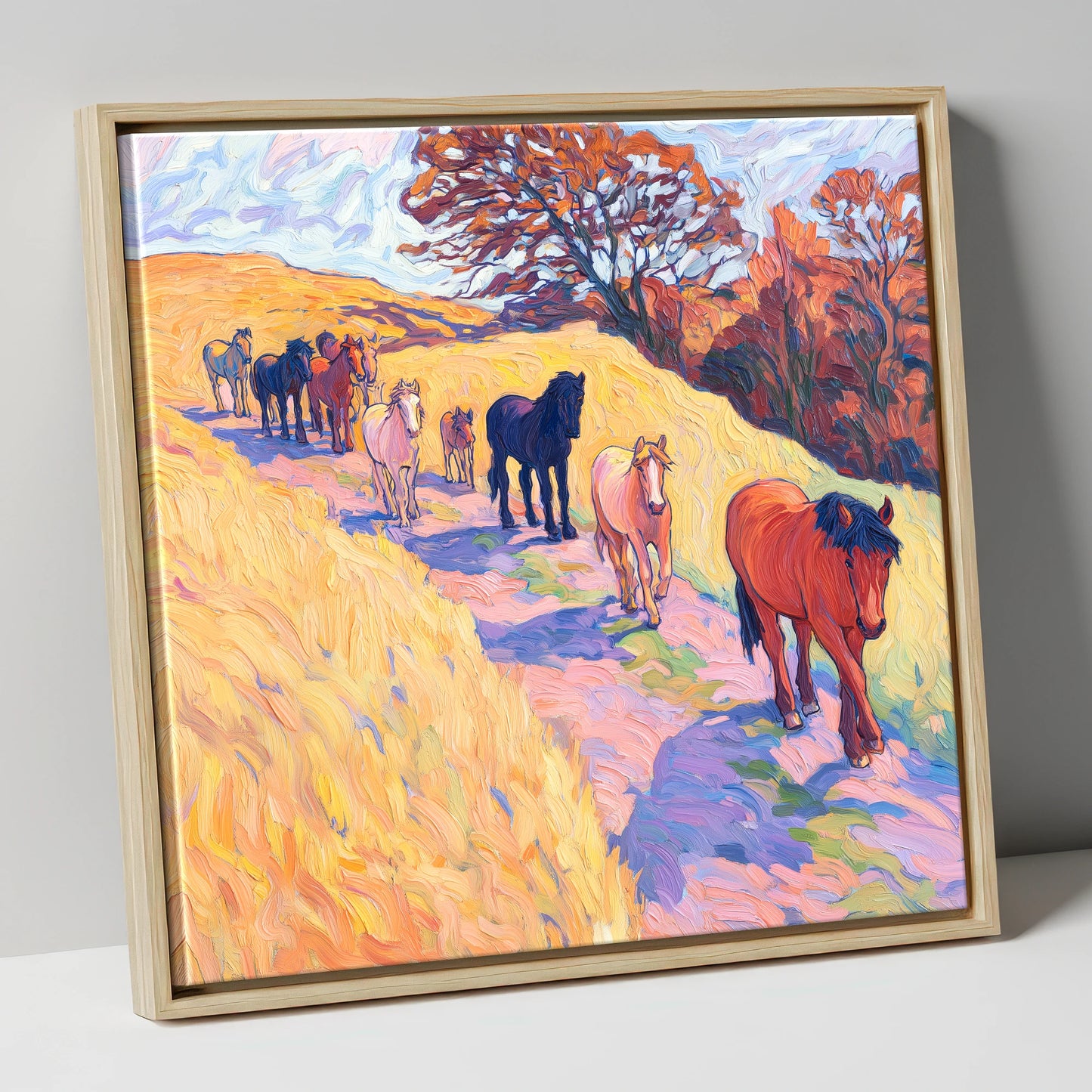 Homeward Bound Herd horse landscape canvas wall art in natural frame