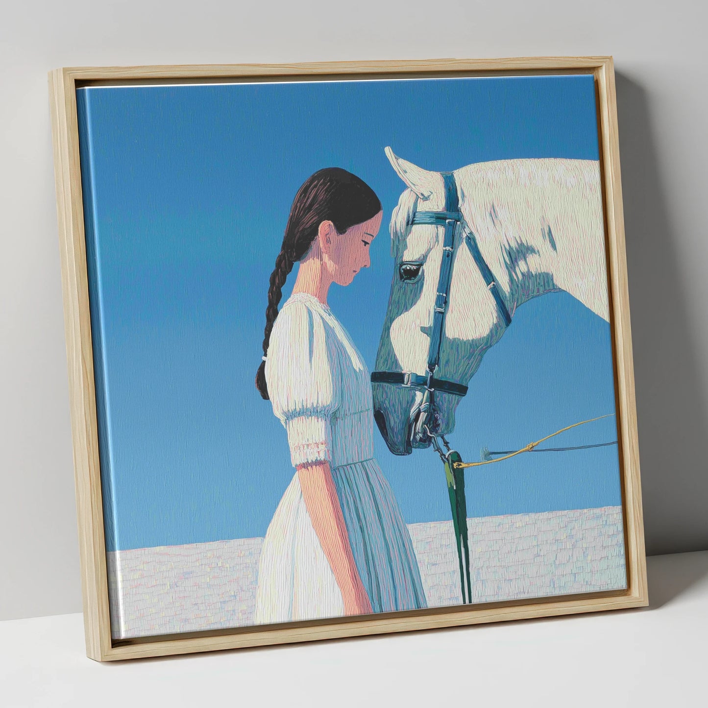 Silent Dialogue horse & rider canvas wall art in natural frame