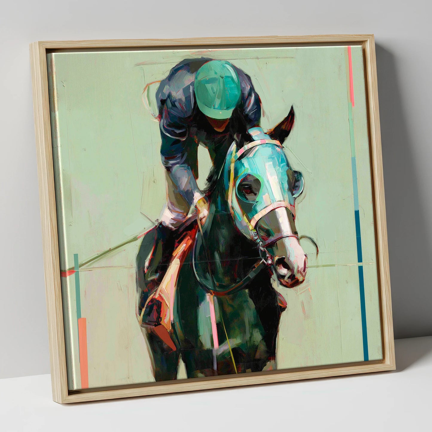 Blinkered Focus racing horse canvas wall art in natural frame