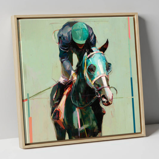Blinkered Focus racing horse canvas wall art in natural frame