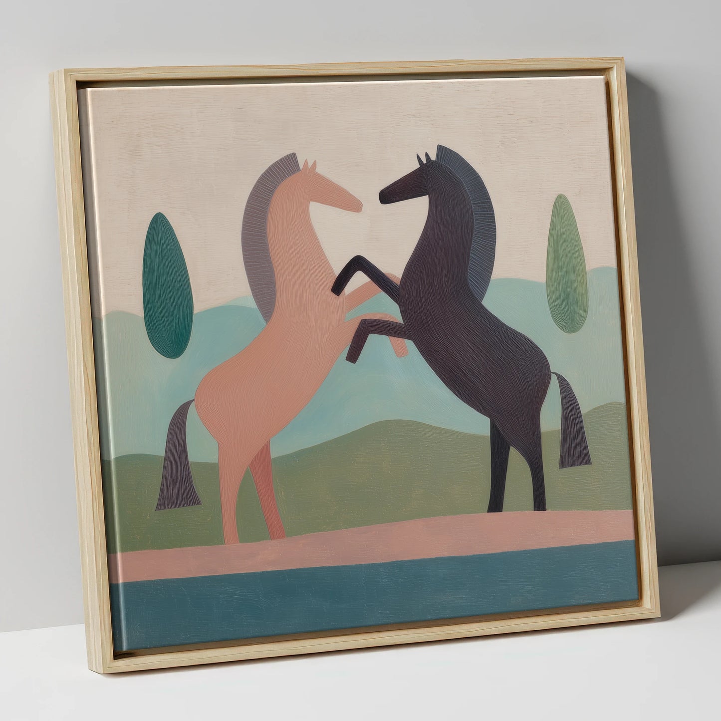 Earthy Equine Harmony wild horses canvas wall art in natural frame