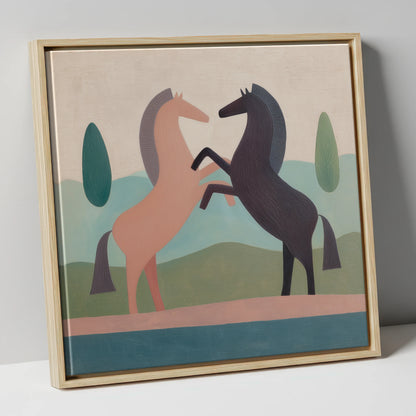 Earthy Equine Harmony wild horses canvas wall art in natural frame
