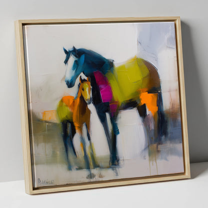 Vibrant Bond mare & foal canvas wall art in natural frame