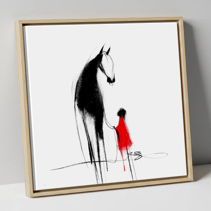 Crimson Connection horse & rider canvas wall art in natural frame