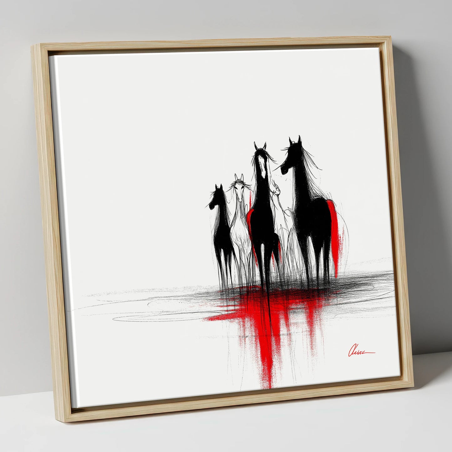 Shadows in Scarlet wild horses canvas wall art in natural frame