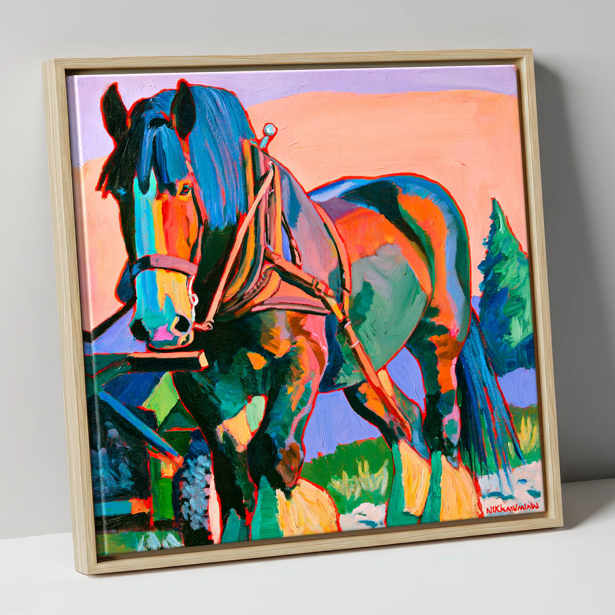 Vibrant Heavy Horse in Harness horse breed canvas wall art in natural frame