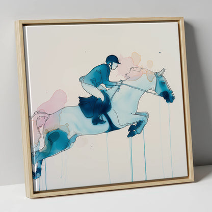 Cerulean Flight show jumping horse canvas wall art in natural frame