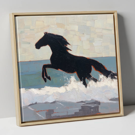Surf Breaker Silhouette beach horse canvas wall art in natural frame