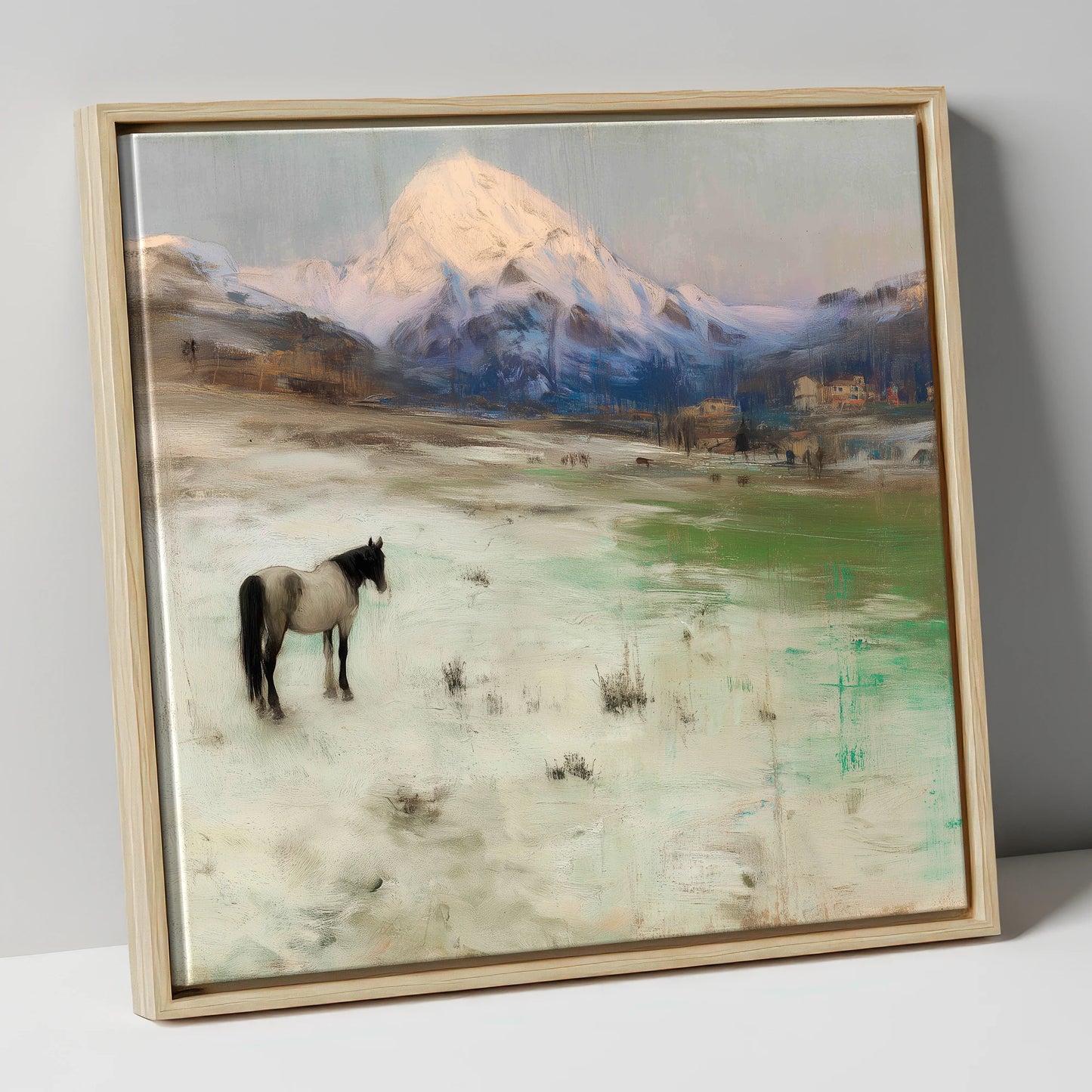 Alpine Solitude horse landscape canvas wall art in natural frame