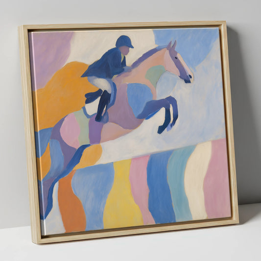 Pastel Abstract Leap show jumping horse canvas wall art in natural frame