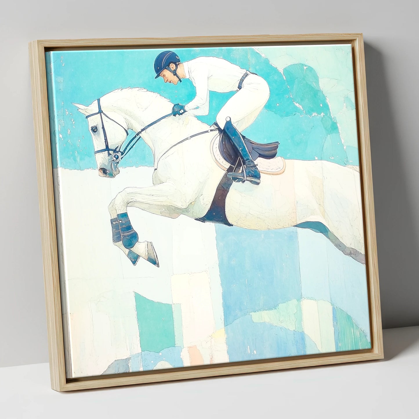 Teal Ascent show jumping horse canvas wall art in natural frame