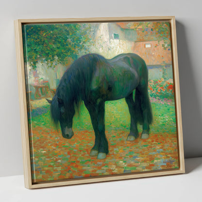 The Sunlit Draught horse breed canvas wall art in natural frame
