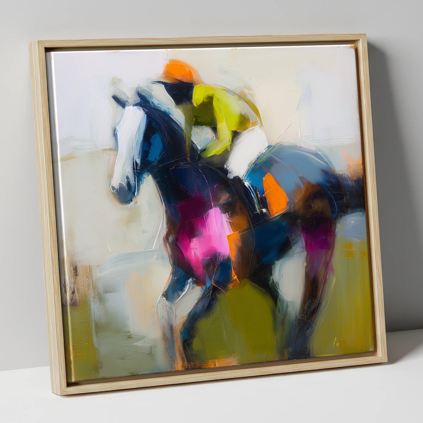 Bold Momentum racing horse canvas wall art in natural frame