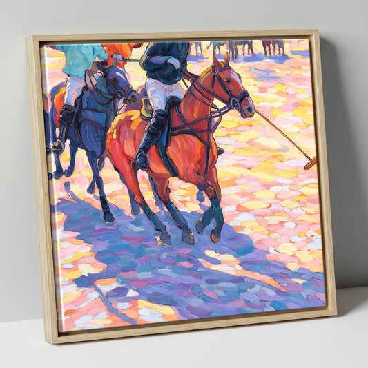 Sunset Chukka Shadows polo horse canvas wall art in natural frame