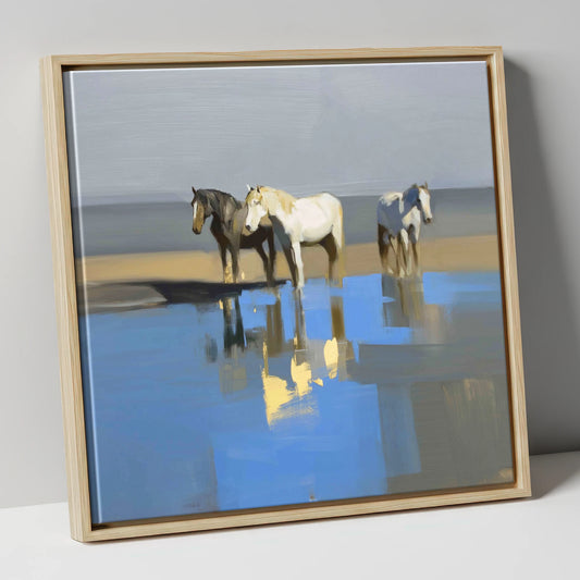 Azure Shore Reflections wild horses canvas wall art in natural frame