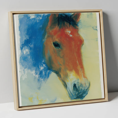 Expressive Cerulean Equine Study horse portrait canvas wall art in natural frame