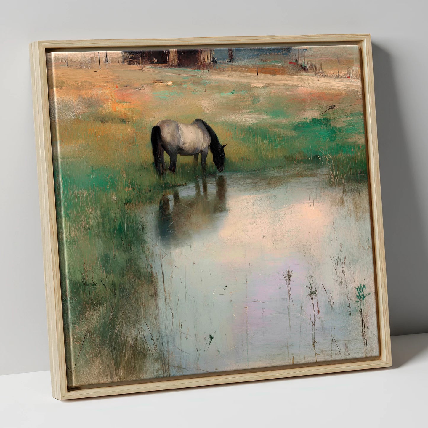 Tranquil Reflections horse landscape canvas wall art in natural frame