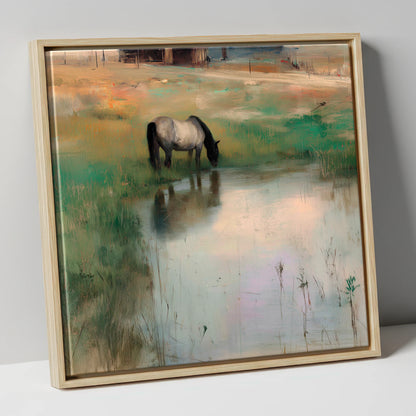 Tranquil Reflections horse landscape canvas wall art in natural frame